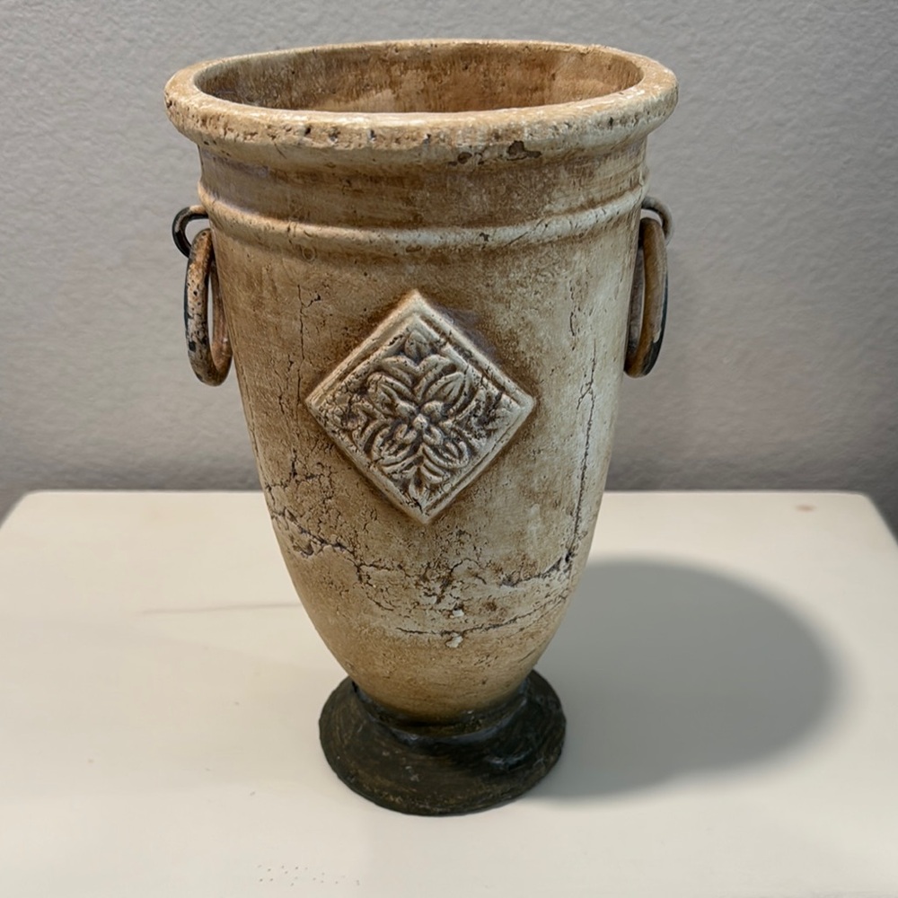 Medium Rustic Cream and Brown Decorative Vase with Metal Ring Handles